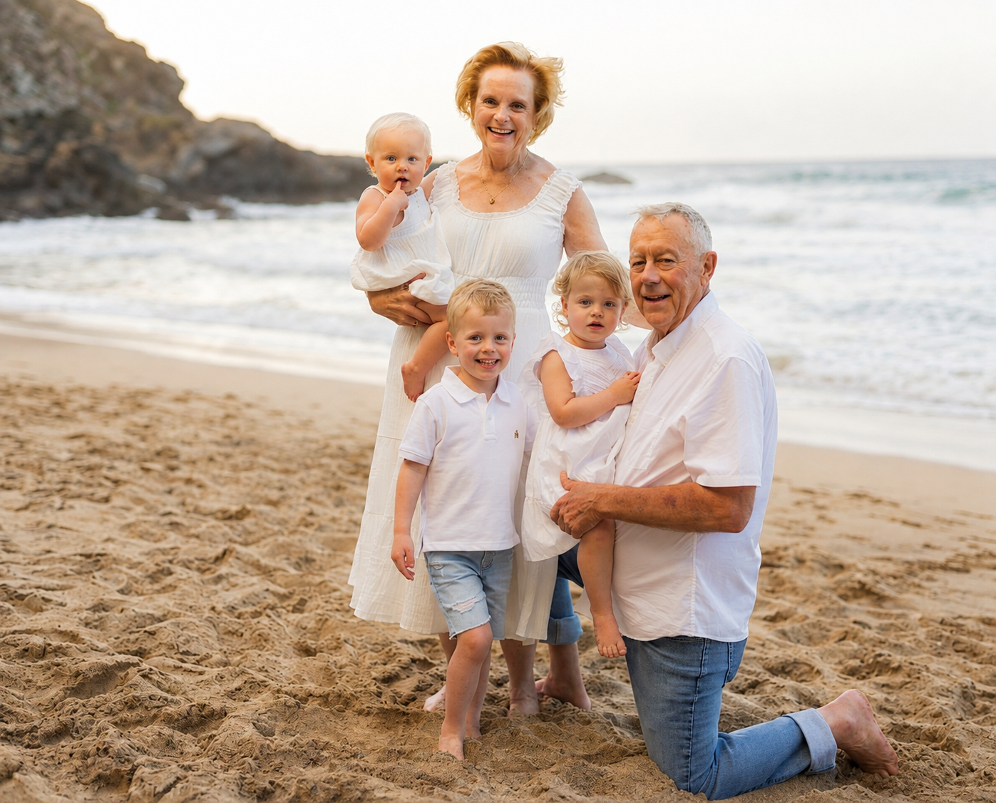 Two grandparents pose with three young grandchildren during a photoshoot for families on D.T. Fleming Beach in Kapalua, Maui, Hawaii.<br />
