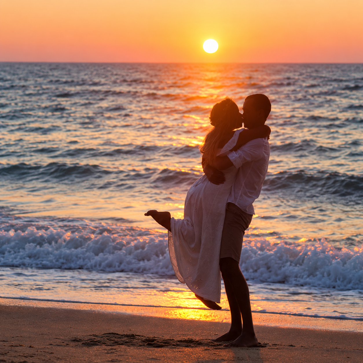 A man holding up his fiancée after proposing; the proposal photographer snaps a shot at sunset.